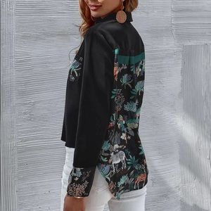 SOLD Plants Print High Low Black Blouse